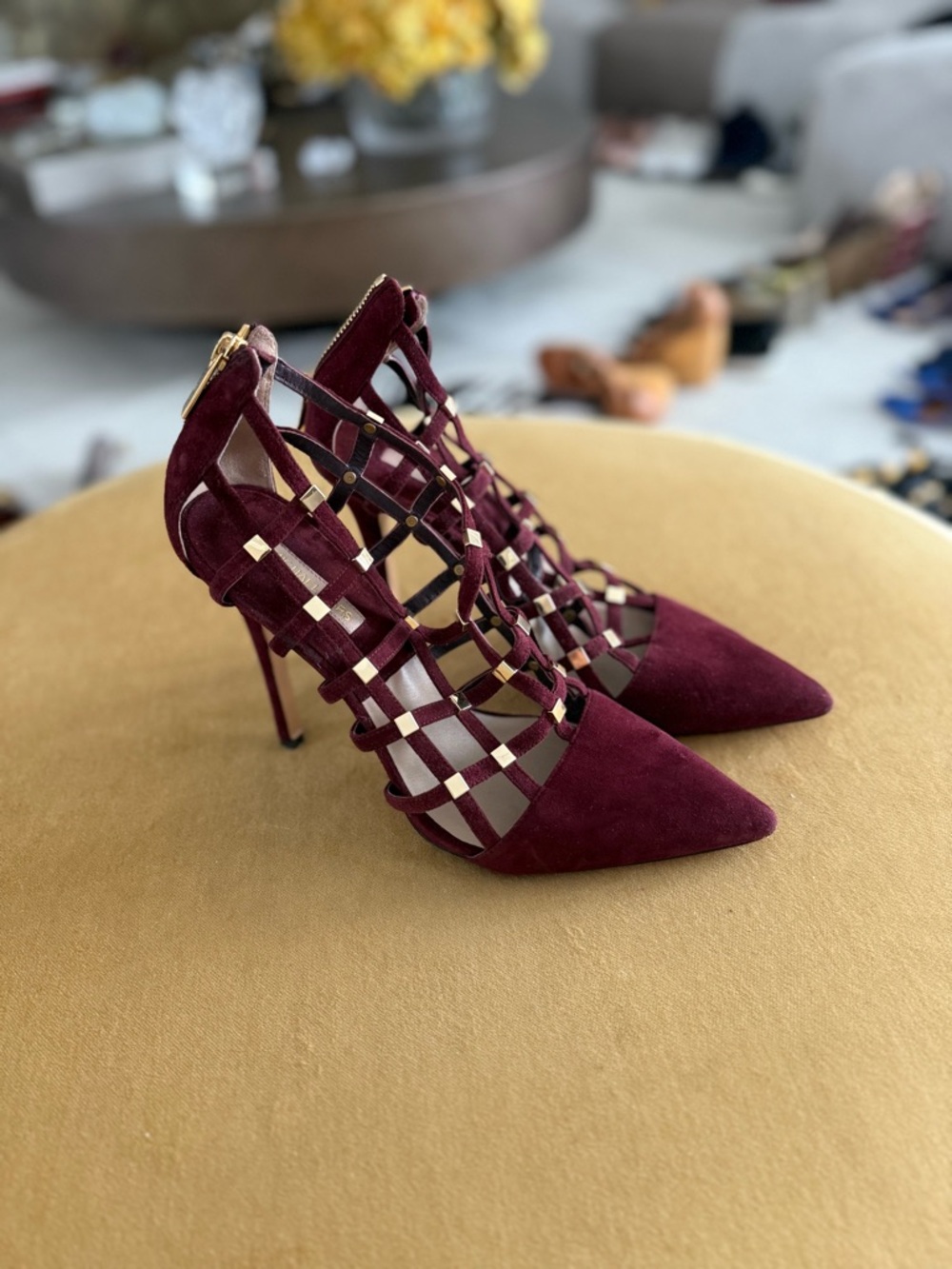 Michael Kors Burgundy Suede Cage Pointed-Toe Heels with Gold Accents - Picture 7 of 7